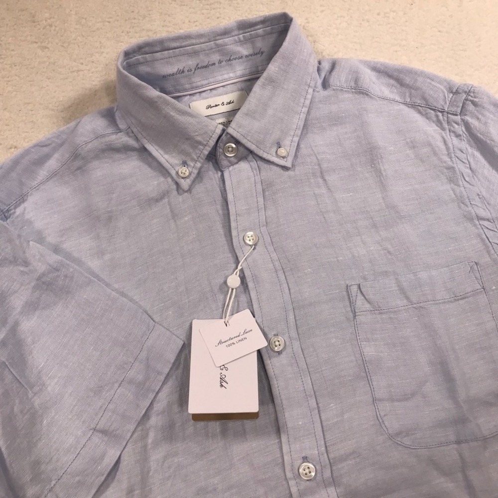 Porter & Ash Shirt Mens Medium Blue Linen Chambray Button Down Short Sleeve NEW
